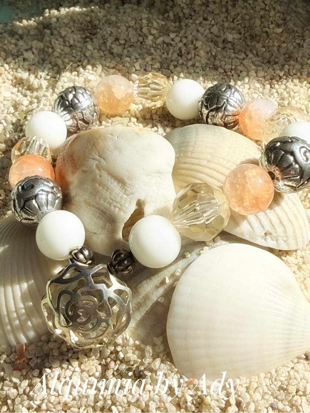 White jade peach quartz silver flower charms bracelet